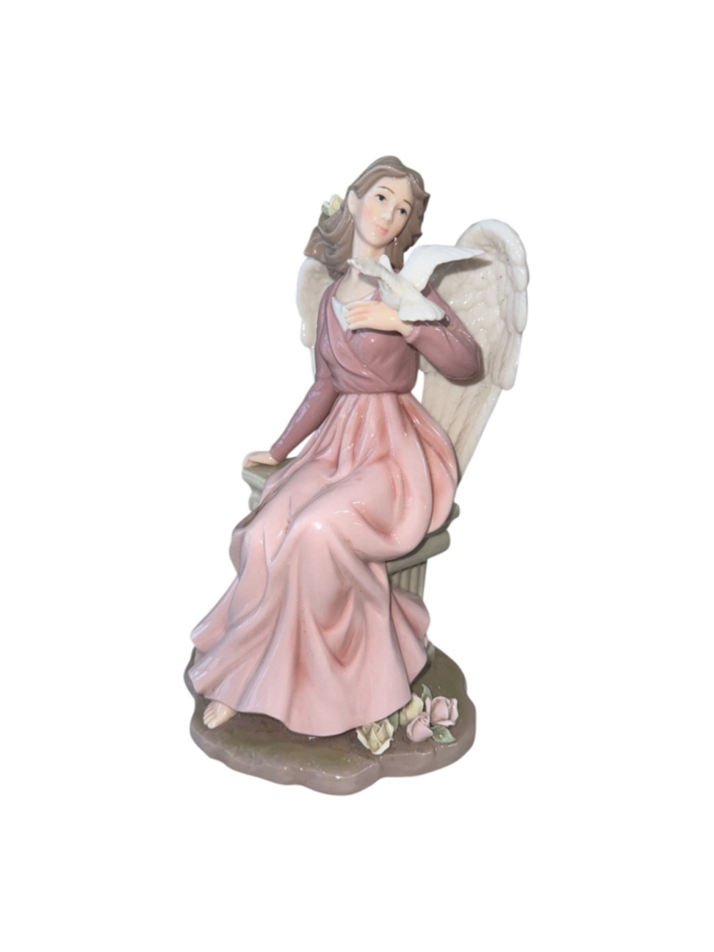 Decorative Porcelain Angel Figurine with Dove, Pink Dress, White Wings, 10.5"H x - Picture 1 of 3